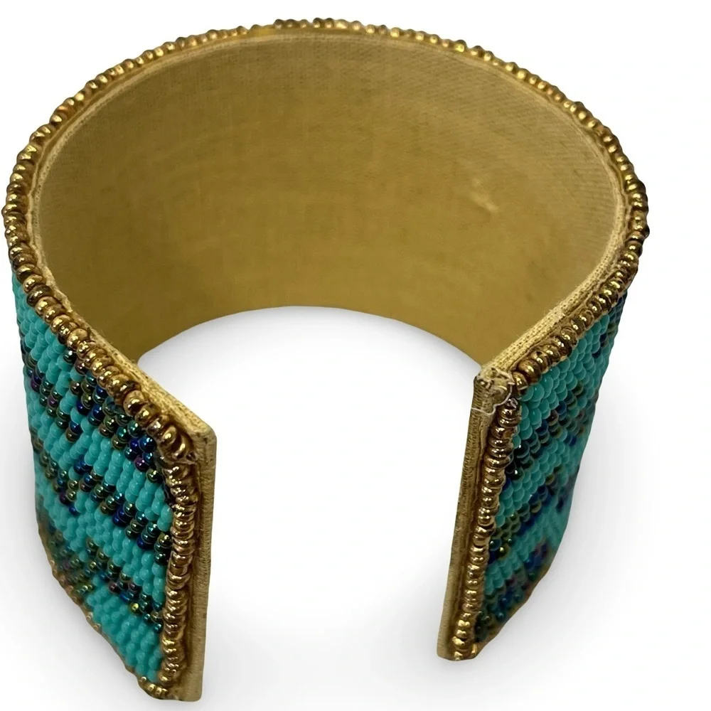 Turquoise and Gold Colored Beaded Evil Eye Cuff Bracelet